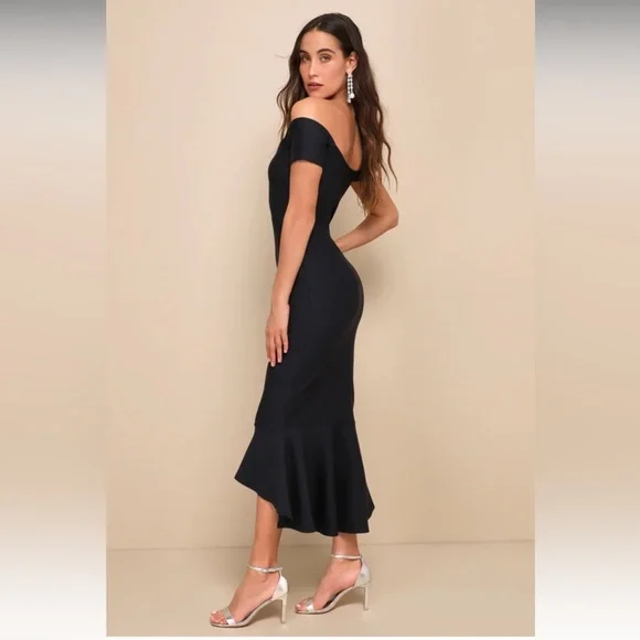 NWT LULUS How Much I Care Midnight Blue Off-the-Shoulder Midi Dress - Picture 2 of 8